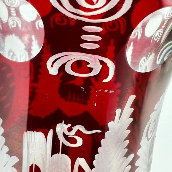 Vtg Egermann Vase Bohemian Ruby Red Cut To Clear Etched Glass Castle Bird Czech